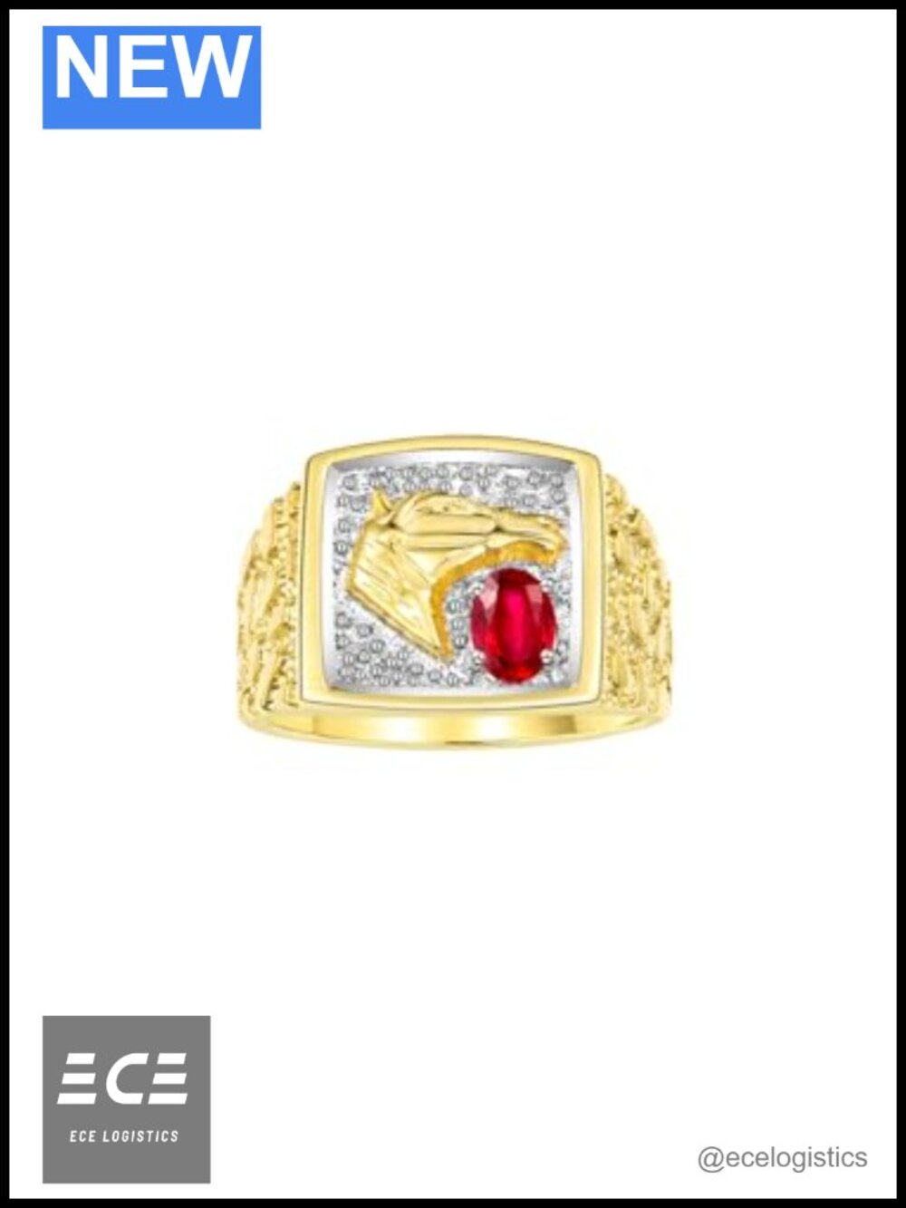 Men's Yellow Gold Plated Sterling Silver Horse Head Ring with 6X4MM Ruby